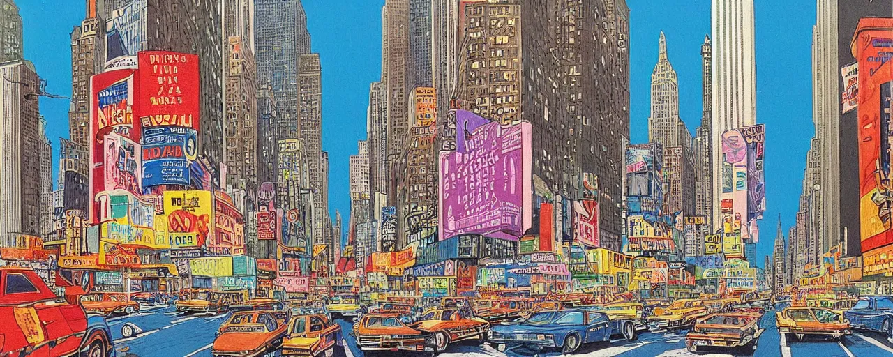 Prompt: a 2D drawing of new York in 1980s, colorful and beautiful by hiroshi yoshida