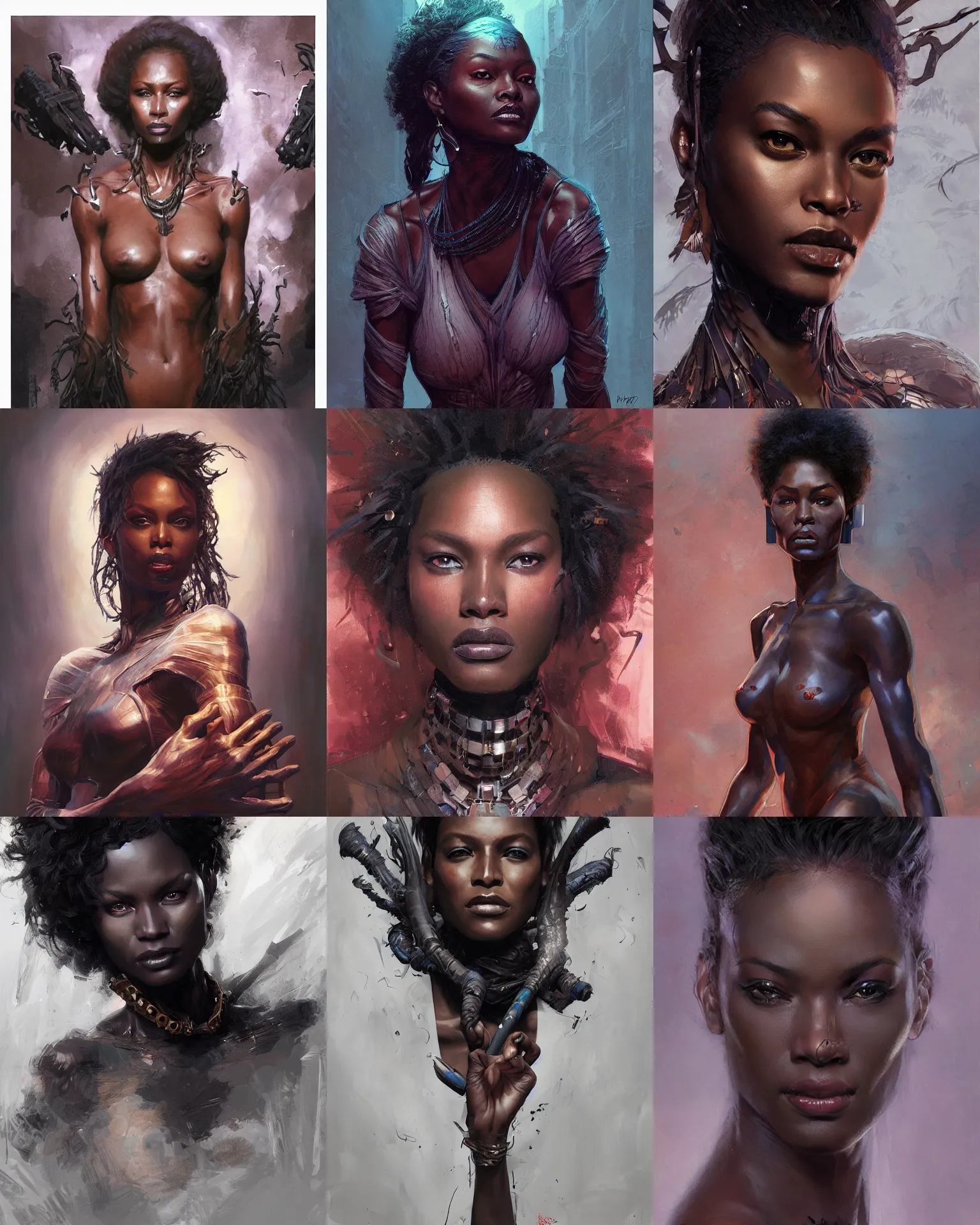 Prompt: Portrait of black supermodel, marvel comics, dark, intricate, highly detailed, smooth, artstation, digital illustration by Ruan Jia and Mandy Jurgens and Artgerm and Wayne Barlowe and Greg Rutkowski and Zdislav Beksinski