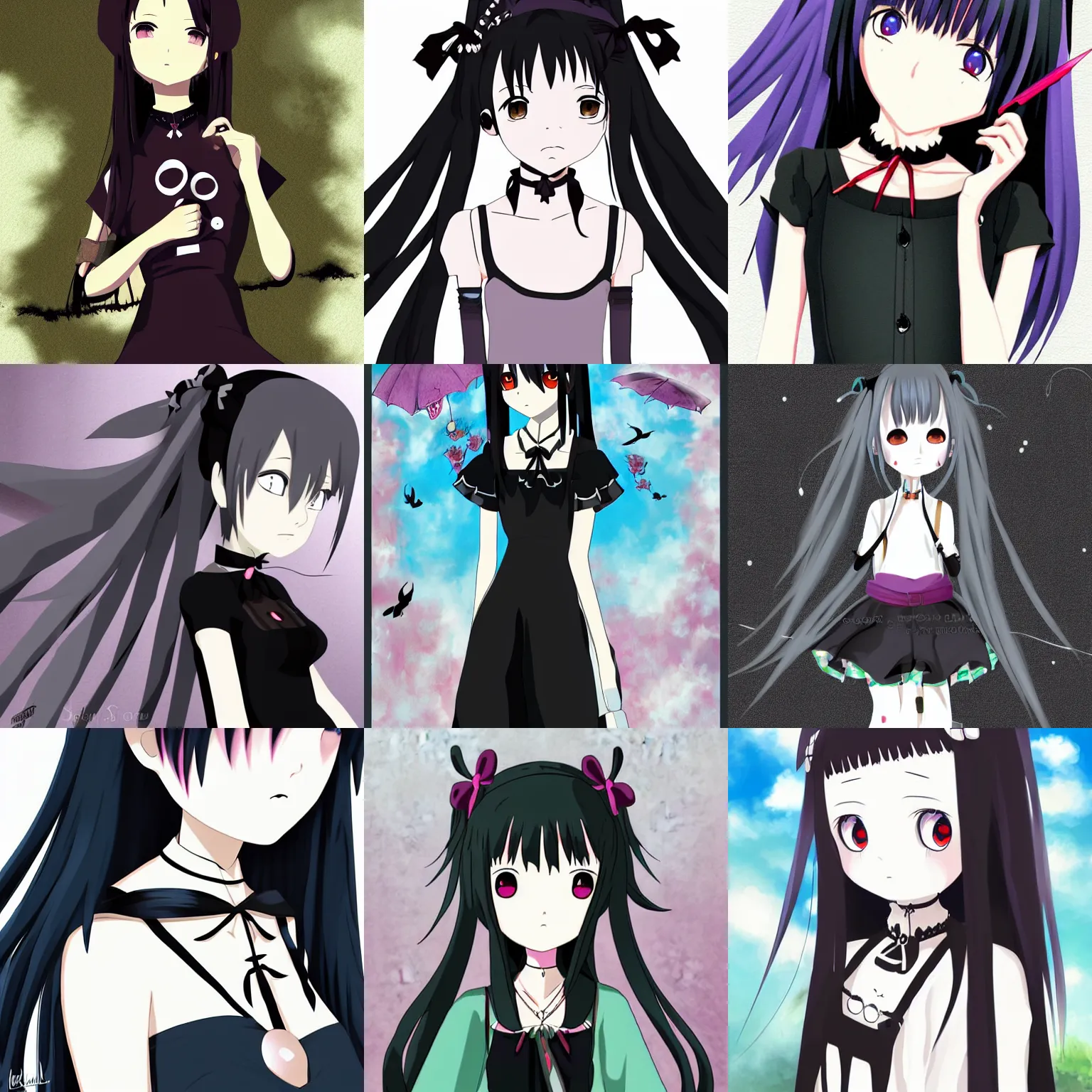 Prompt: goth anime girl wearing choker, black dress, studio ghibli, spirited away, anime digital art