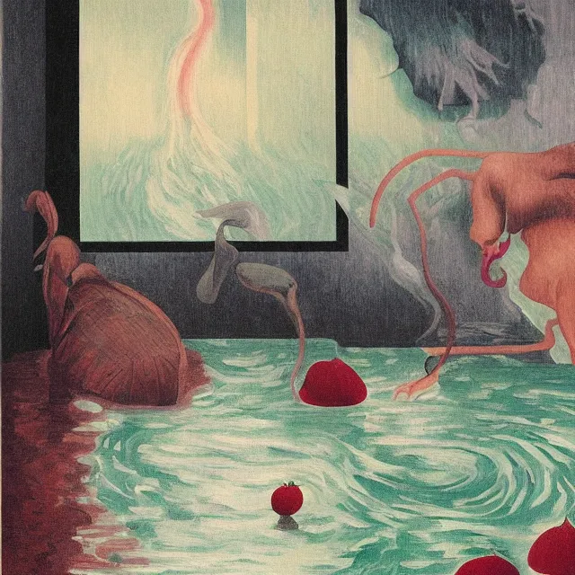 Image similar to painting of flood waters inside an apartment, sensual female emo art student, a river flooding indoors, pomegranates, pigs, ikebana, water, octopus, river, rapids, waterfall, black swans, canoe, berries, acrylic on canvas, surrealist, by magritte and monet