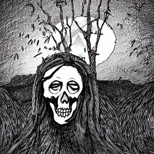 Image similar to silent dreaming of the dead, folk horror illustration