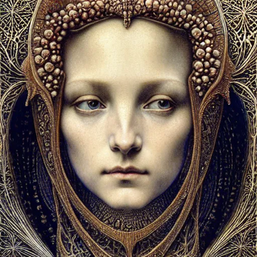 Prompt: detailed realistic beautiful young medieval queen face portrait by jean delville, gustave dore and iris van herpen, art forms of nature by ernst haeckel, art nouveau, symbolist, visionary, gothic, pre - raphaelite, fractal lace, surreality, horizontal symmetry, intricate details