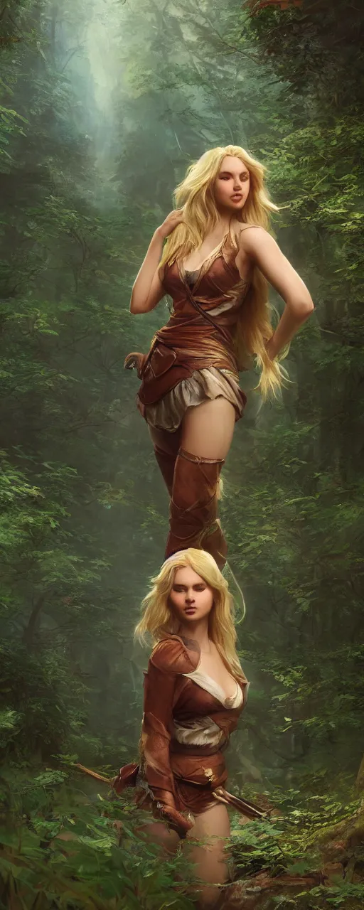 Prompt: a beautiful blonde female heroine standing in a forest, beautiful dynamic lighting, cinematic, wide angle establishing shot, extremely high detail, photo realistic, cinematic lighting, post processed, concept art, artstation, matte painting, style by frederic church, raphael lacoste, unreal engine 8k