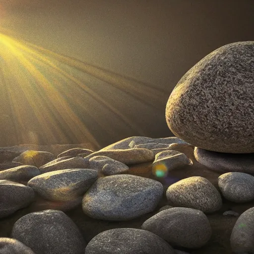 Image similar to a soulful concert as a small cute adorable pebble rock stone sings a lullaby before the heat death of the universe, wide shot, landscape, god rays, spot light, cinematic lighting, celestial, animism, so nice, so nice