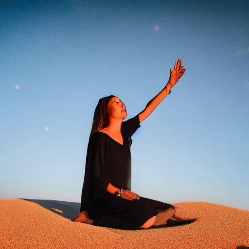 Image similar to Woman made out of sand sitting in desert at dusk and staring down at her hand as it slowly blows away into the wind. high quality, ultra detail, artistic lighting, artistic, award winning photo,