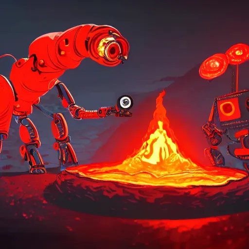 Image similar to a menacing robot is cooking pizza in front of a live volcano, flames, lava, smoke, backlit, dramatic lighting, black sky, red glowing streams of lava, digital art, trending on artstation