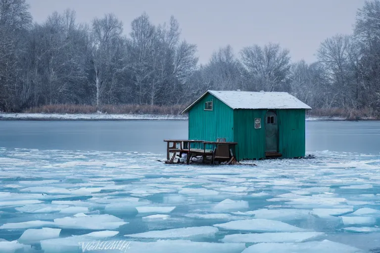 Image similar to landscape photography. ice fishing shack on a frozen lake, wes anderson film screenshot