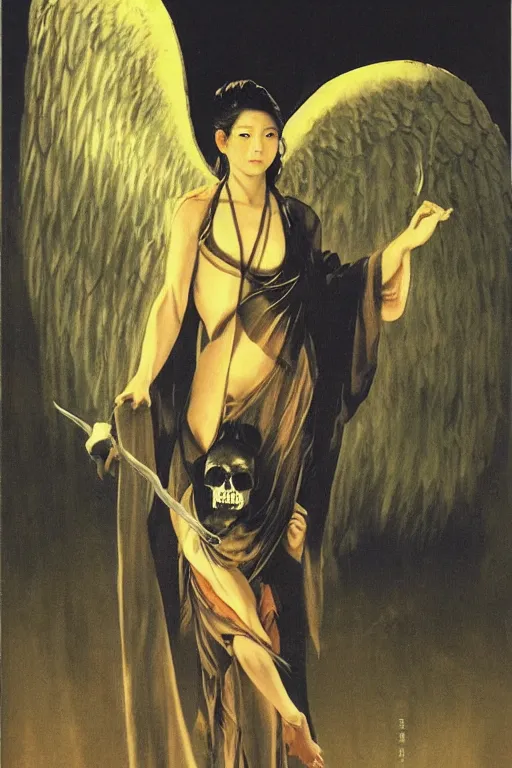 Image similar to angel of death smiling in the dark night, art by takeshi ohbata, tsugumi ohba, takeshi miike, raden saleh