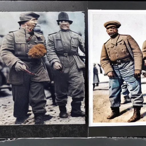 Image similar to 8 k, uhd, historical coloured pictures of nazi hire some black american gangster crips which wore blue bandana and hip hop clothes to soviet border, highly detailed form, highly details content