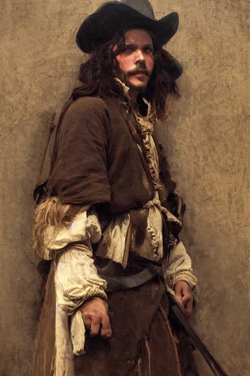 Image similar to Richard Schmid and Jeremy Lipking and Antonio Rotta full length portrait painting of a young beautiful traditonal bible DArtagnan from the The Three Musketeers