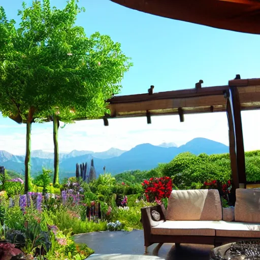 Prompt: Sky patio with luscious fantasy garden, mountains in teh distance, hidden grove, hd, detailed