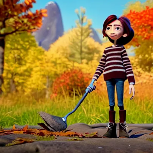 Image similar to a stopmotion animation character, a beautiful canadian woman, gardening, very attractive, messy dark grey hair, striped sweater, tight denim jeans, maroon doc marten boots, canadian maple leaves blowing about, mountains, autumn, unreal engine 5, 8 k, kubo and the two strings, disney, pixar,