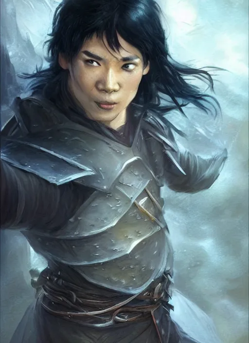 Prompt: asian with medium black hair man, helpless point of view, camera low angle, dndbeyond, bright, colourful, realistic, dnd character portrait, full body, pathfinder, pinterest, art by ralph horsley, dnd, rpg, lotr game design fanart by concept art, behance hd, artstation, deviantart, hdr render in unreal engine 5