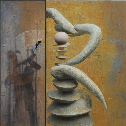 Image similar to a detailed impasto painting by shaun tan and louise bourgeois of an abstract forgotten sculpture by ivan seal and the caretaker