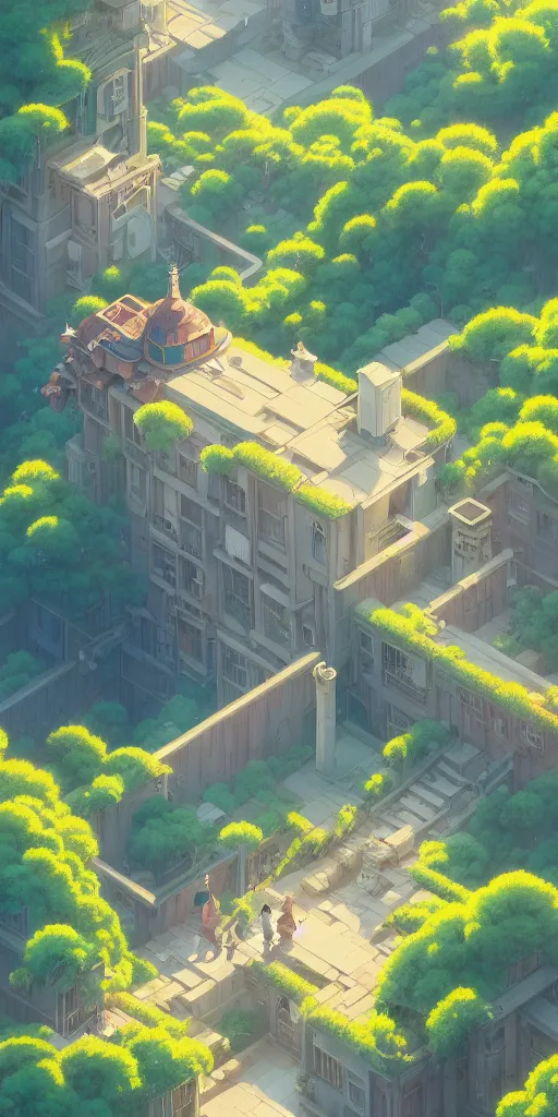 Image similar to highly detailed vfx isometric landscape of studio ghibli, stephen bliss, unreal engine, greg rutkowski, loish, rhads, beeple, makoto shinkai and lois van baarle, ilya kuvshinov, rossdraws, tom bagshaw, alphonse mucha, global illumination, detailed and intricate environment