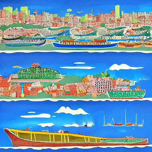 Prompt: city with with streets and aqueducts. various boats. by yeong - hao han