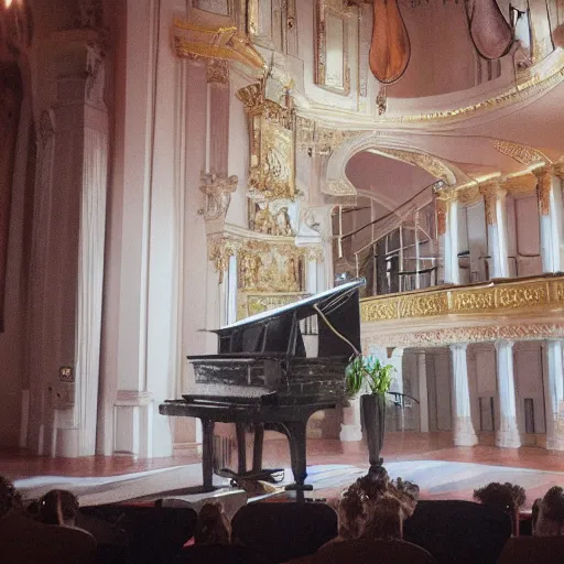 Prompt: a photo of a giant octopus playing grand piano in a concert hall