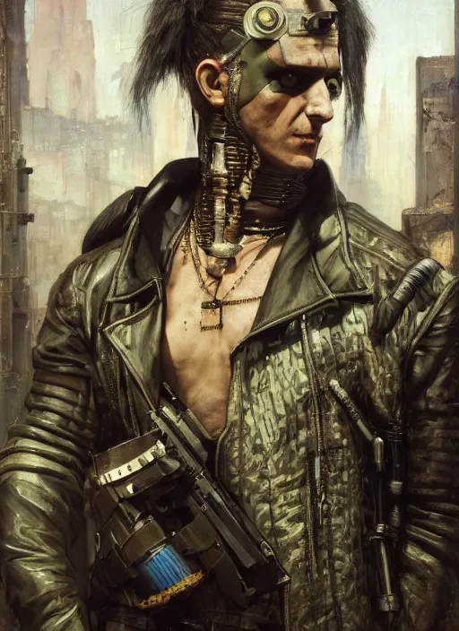 Image similar to frankenstein. cyberpunk mercenary wearing a military vest and combat jumpsuit. (Cyberpunk 2077, bladerunner 2049). Iranian orientalist portrait by john william waterhouse and Edwin Longsden Long and Theodore Ralli and Nasreddine Dinet, oil on canvas. Cinematic, hyper realism, realistic proportions, dramatic lighting, high detail 4k