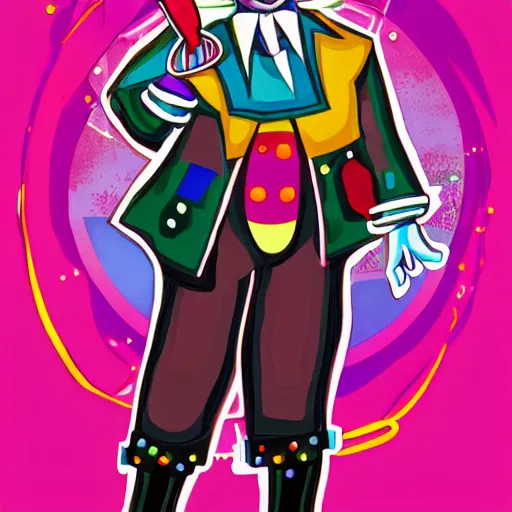 Prompt: cyberpunk art deco agender clown with 2 smiling clown emojis covering their chest fat