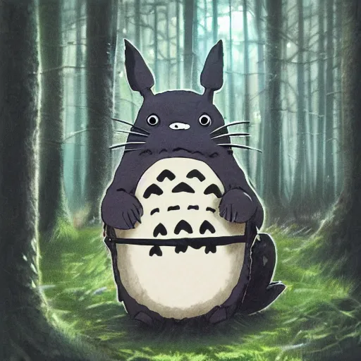 Image similar to totoro with black metal paint in the face, a drummer, electric guitar, dead people around, in the middle of the forest, fantasy digital art, wow, stunning, ghibli style, hight quality