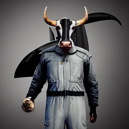 Image similar to a highly detailed ultra realistic photograph of a cow dressed in a fighter jet jumpsuit and mask