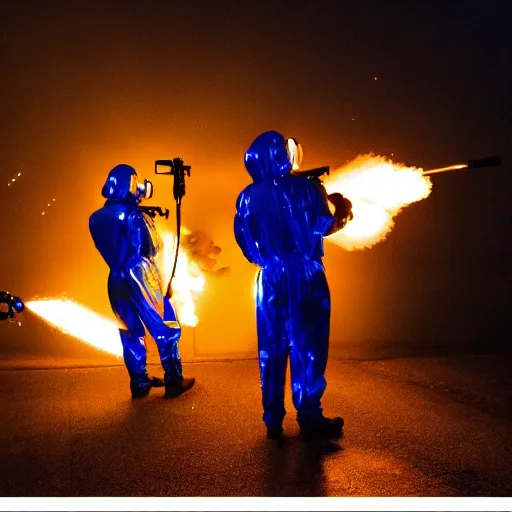 Image similar to men in reflective mylar suits holding flamethrowers, shooting at dark silhouetted aliens, cinematic still