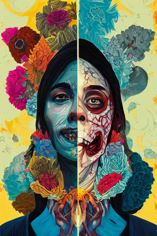 Image similar to a half zombie smiling, Tristan Eaton, victo ngai, artgerm, RHADS, ross draws