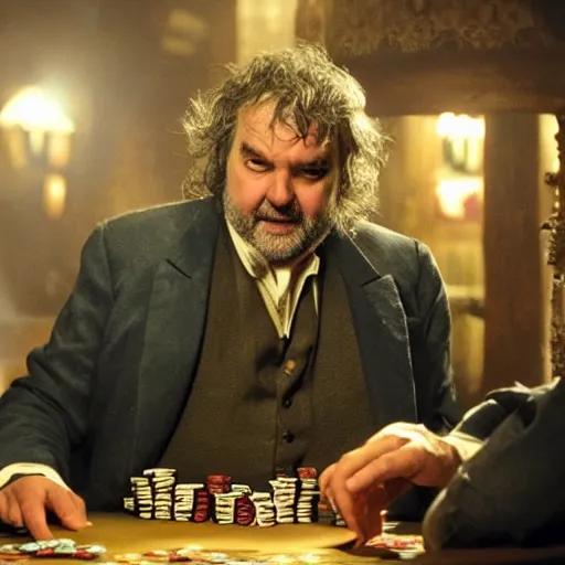 Prompt: Peter Jackson playing poker in wild west saloon, feature shotguns, dramatic lighting