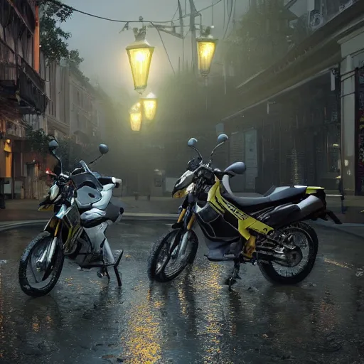 Image similar to highly detailed, photo realistic, futuristic drz 4 0 0 s at night in the rain driving on a city street, dense fog, unreal engine, by greg rutowski, by stanley artgerm, by alphonse mucha