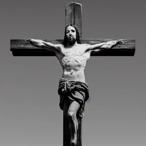 Image similar to a highly detailed realistic photographic render crucified christ with the head of a pig, dead souls, religious sculpture, creepy, cinematic lighting, cinematic scene, Volumetric lighting, Atmospheric scene, Dark, Horror, Atmospheric lighting, Global illumination, realistic, photo realism, hyper realistic, hyper realism, photo realisitc, cinematic render, film, beautifully lit, ray traced, octane 3D render, octane render, unreal engine