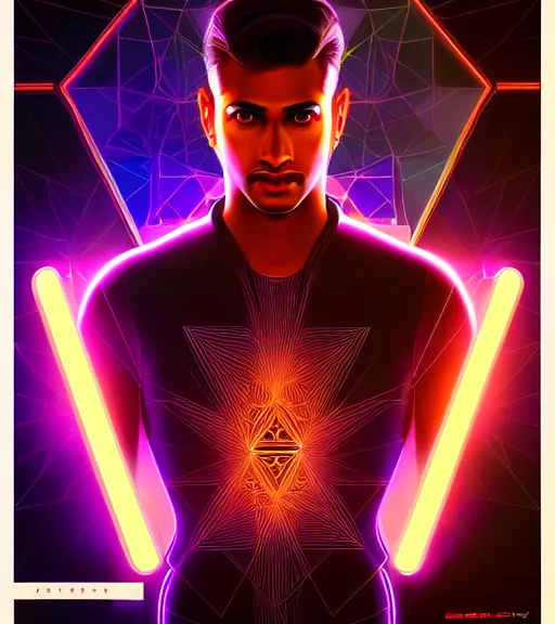 Image similar to symmetry!! indian prince of technology, solid cube of light, hard edges, product render retro - futuristic poster scifi, lasers and neon circuits, brown skin handsome indian prince, intricate, elegant, highly detailed, digital painting, artstation, concept art, smooth, sharp focus, illustration, dreamlike, art by artgerm