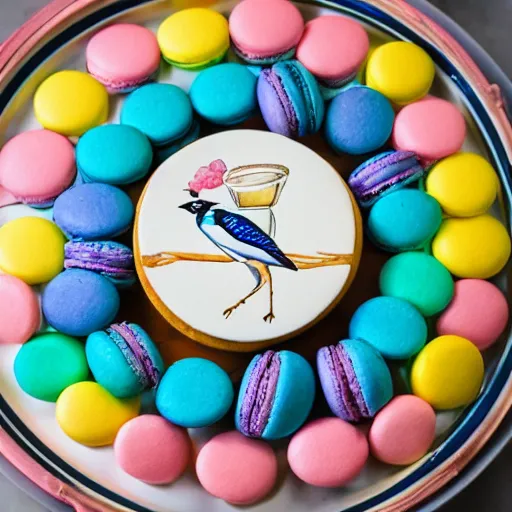 Image similar to A blue jay standing on a large basket of rainbow macarons.