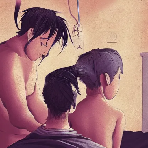 Image similar to a barber struggles to cut the hair of conjoined twins, by miyazaki and soraya, trending on artstation