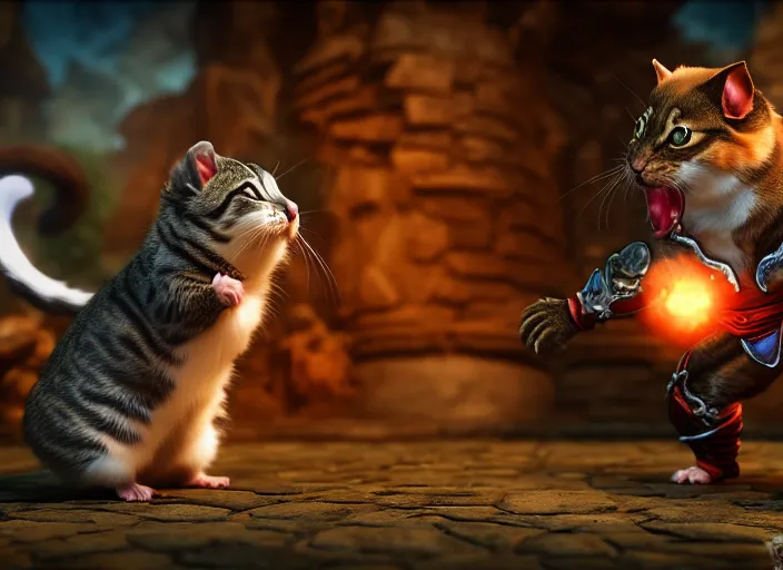 Image similar to hamster fights a cat in mortal kombat on the background of a laughing shao khan. fantasy magic style. highly detailed 8 k. intricate. lifelike. soft light. sony a 7 r iv 5 5 mm. unreal engine with nanite and path tracing