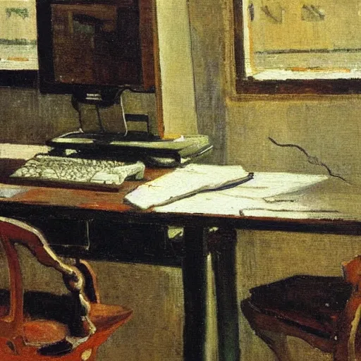 Prompt: a computer mouse on a desk, stanhope forbes, landscape painting, impressionist