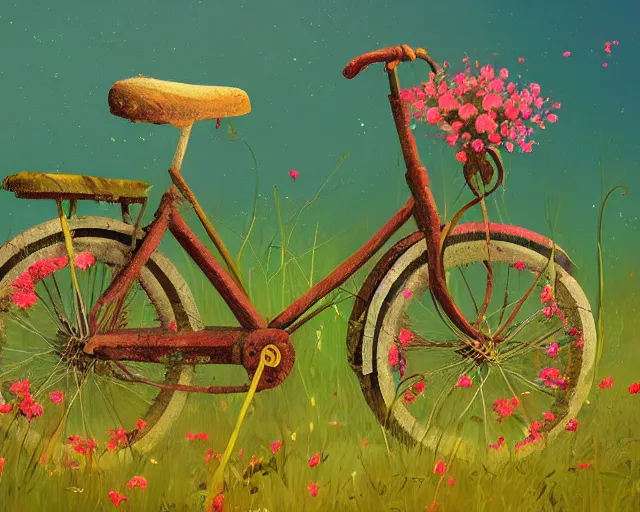 Image similar to old bicycle overgrown with weeds and flowers, sylvain sarrailh, artstation, petros afshar