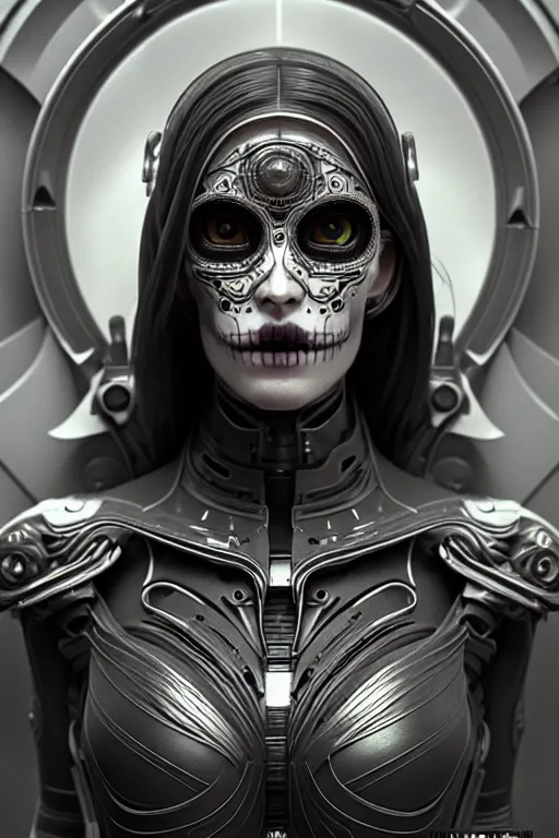 Image similar to ultra detailed Female Android, scifi, fantasy, octane render, (dia de los muertos), intricate details, asymmetrical, movie still, concept art, smooth, Unreal Engine 5, Photorealism, 8k, cinema 4d, 3D, art by artgerm and Godmachine and michael welan and DZO and greg rutkowski and alphonse mucha and loish and WLOP