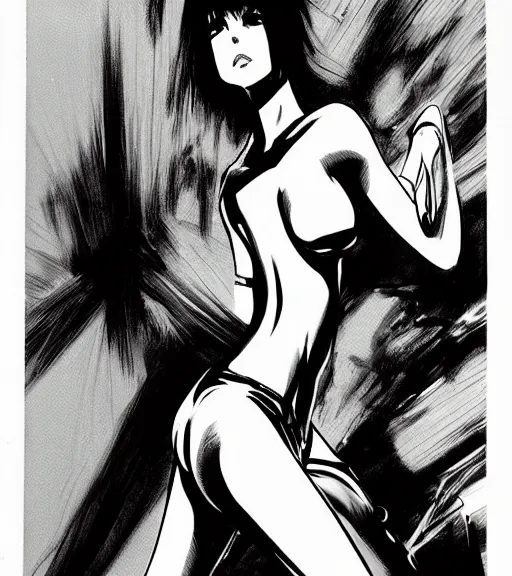 Prompt: guido crepax painting of an anime woman, direct flash photography at night, film grain