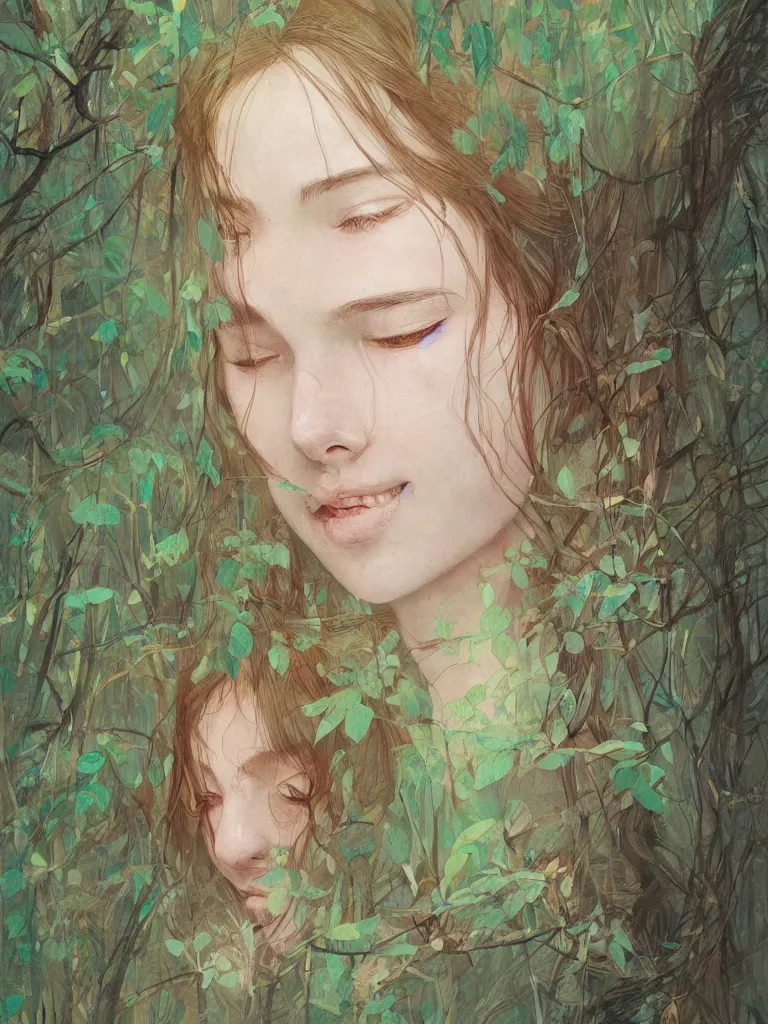 Image similar to artist james jean and sam spratt beautiful illustration of a natural women in a forest, high detail, artstation, natural colors, closed eyes, smile,