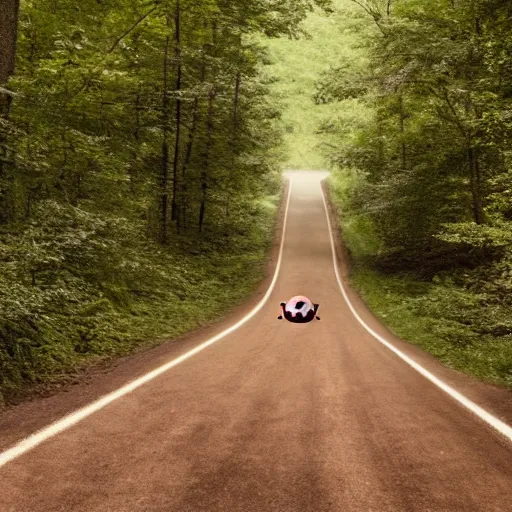 Image similar to promotional scifi - mystery movie scene of a ( volkswagen beatle ) and ladybug hybrid. racing down a dusty back - road in smokey mountains tennessee. cinematic, 4 k, imax, 7 0 mm