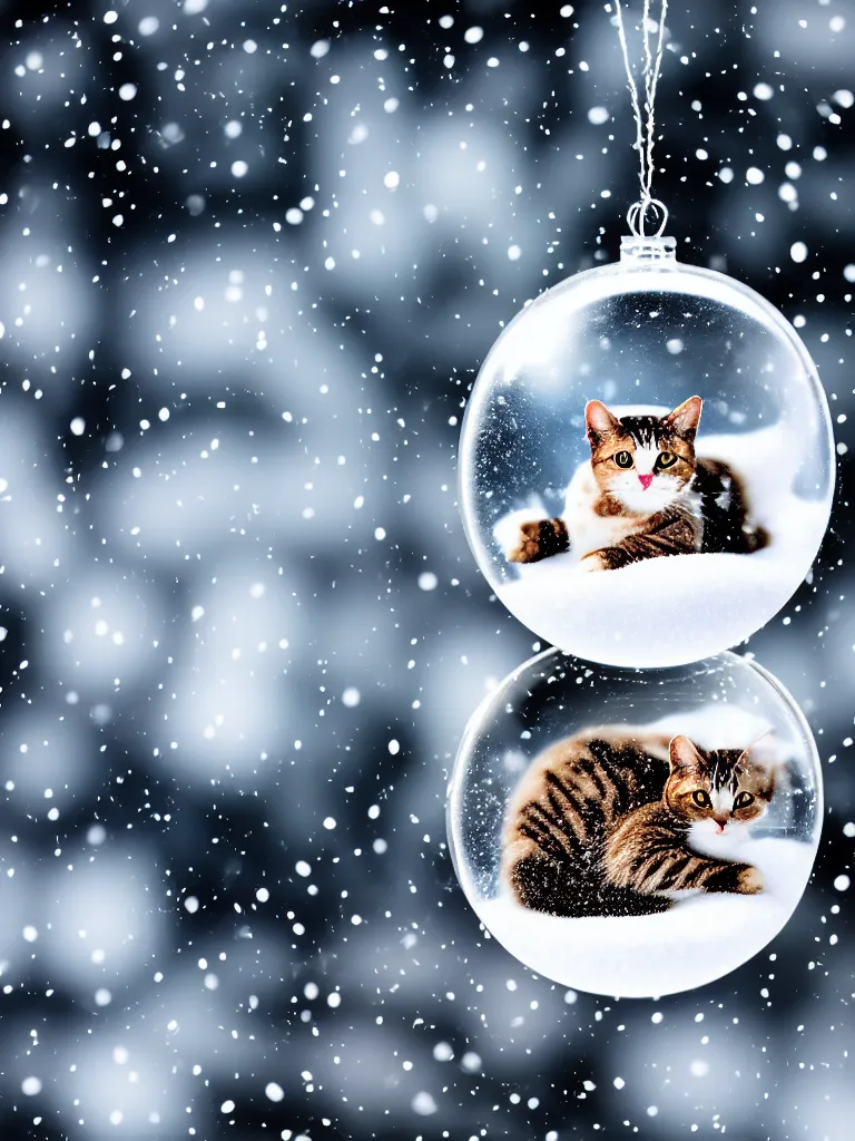 Prompt: high resolution 4k Cat in a snowglobe, falling snow, snowing, pine trees Galactic background