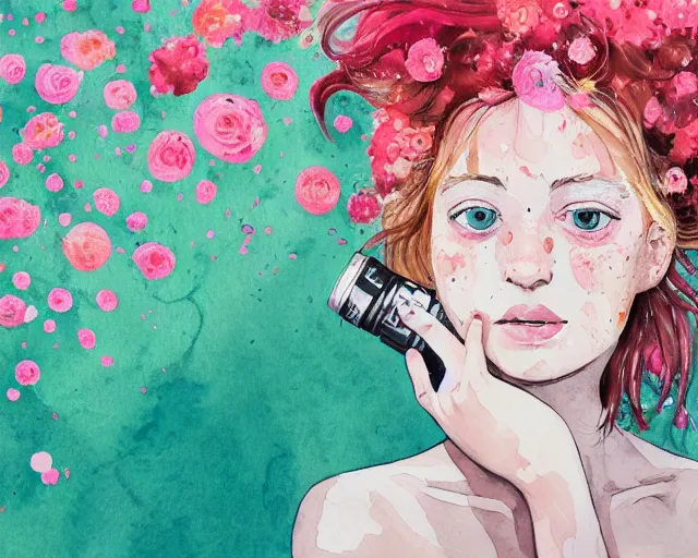 Image similar to pale young woman with bright blonde hair, freckles, big bright eyes and a very wide face, flowery dress, she is holding a professional dslr camera close to her face with her hands, expressive, surrealism, emotional bright watercolor art on white background by conrad roset