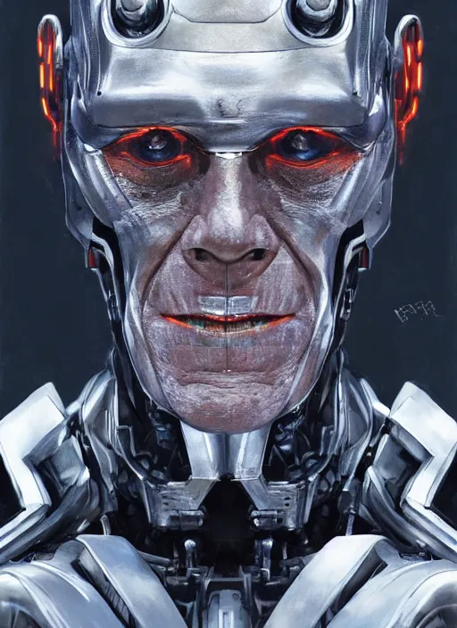 Image similar to portrait of willem dafoe as tinman, cyborg, borg, android, strogg, face of a man, robocop, cable, victor stone, ultron, terminator, machine, flesh, quake, doom demon, wolfenstein, monster, symmetry, symmetrical, concept art by ruan jia and greg rutkowski