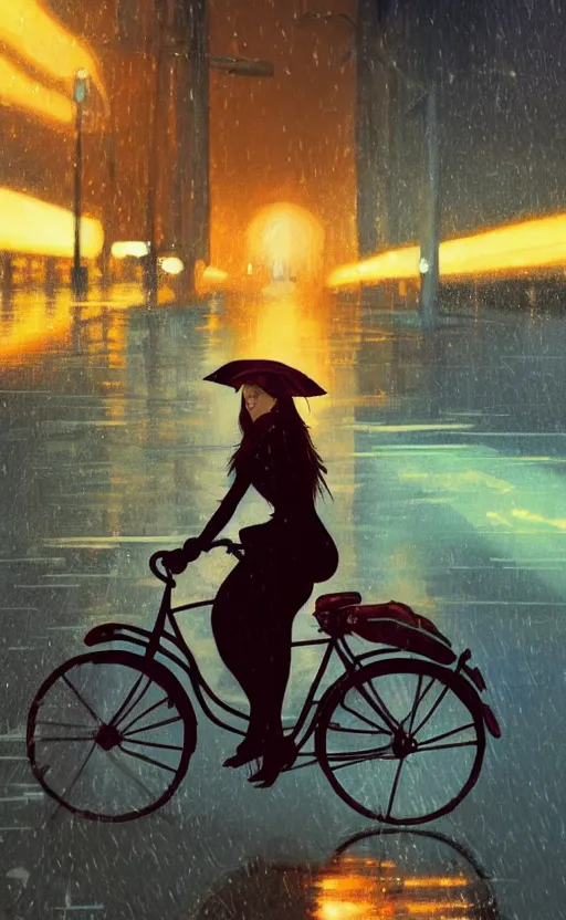 Image similar to a beautiful illustration of a woman riding a bicycle in a rainy night, fiery particles, anime aesthetic, midnight theme, depth of field, bokeh, composition study, featured on artstation, by art by artgerm and greg rutkowski and alphonse mucha, vertical orientation