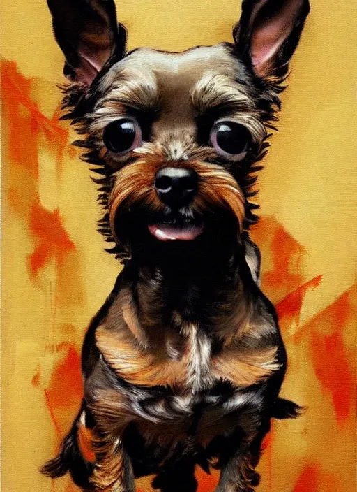 Image similar to tan schnauzer chihuahua mix, enraged, painting by phil hale, 'action lines'!!!, graphic style, visible brushstrokes, motion blur, blurry