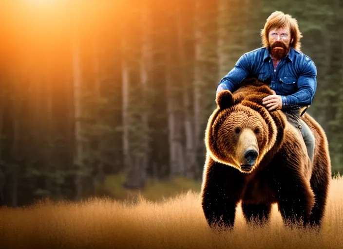 Image similar to portrait photo of chuck norris riding his grizzly bear to work at dawn. fantasy magic style. highly detailed 8 k. intricate. lifelike. soft light. sony a 7 r iv 5 5 mm. cinematic post - processing.