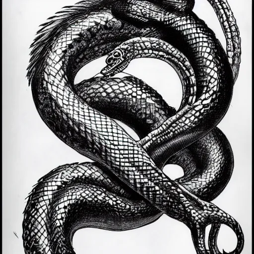 Image similar to a snake with a human face and human arms, serpent, kentaro miura art style