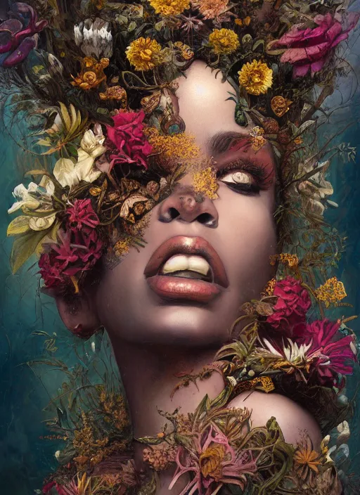 Prompt: portrait of the african queen of the underworld, surrounded by flowers by karol bak, james jean, tom bagshaw, rococo, sharp focus, trending on artstation, cinematic lighting, hyper realism, octane render, 8 k, hyper detailed.