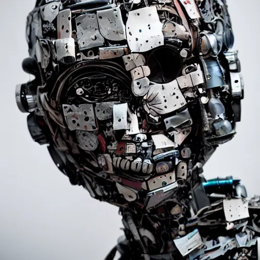 Image similar to papier - mache cyborg. studio lighting, canon 5 d 5 0 mm lens