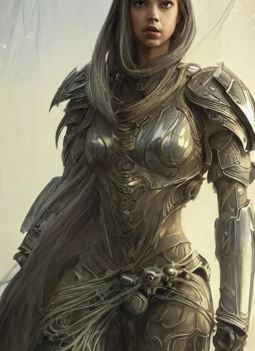 Image similar to a professional portrait of a beautiful young female, clothed in ethereal battle armor, olive skin, long dark hair, beautiful bone structure, symmetrical facial features, intricate, elegant, digital painting, concept art, smooth, sharp focus, finely detailed, illustration, from Valerian and the City of a Thousand Planets, in the style of Ruan Jia and Mandy Jurgens and Artgerm and Greg Rutkowski and William-Adolphe Bouguerea